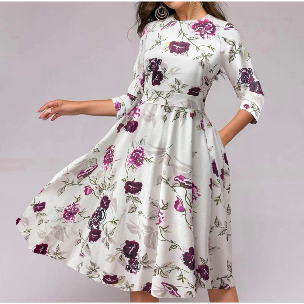 NEW Floral Vintage Dress Elegant Midi Evening Dress 3/4 Sleeve L